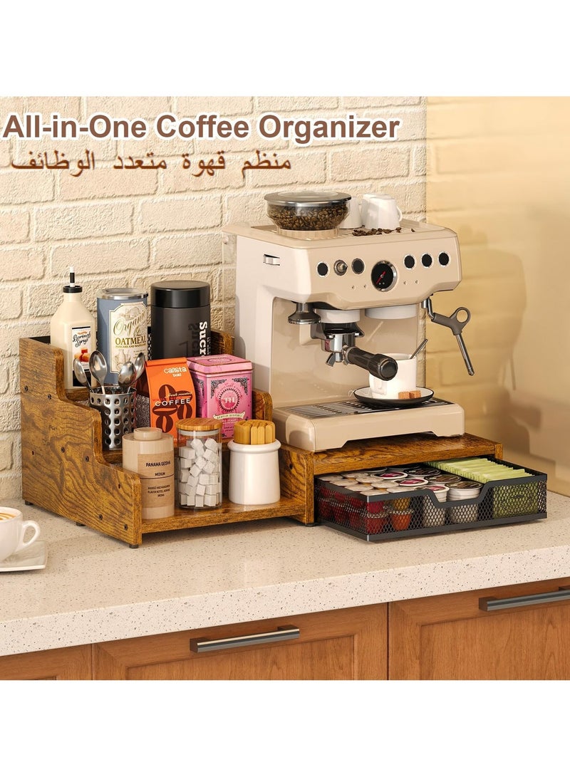 اكسيسن منظم آلة صنع القهوة متعدد الوظائف، رف تخزين بثلاثة مستويات مع درج لحفظ كبسولات القهوة، رف تخزين لملحقات البار، للاستخدام على سطح المطبخ أو المكتب - Image 3